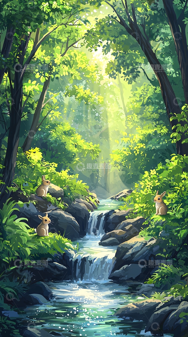 高清大图下载【趣麦麦图】绿意盎然的森林小溪