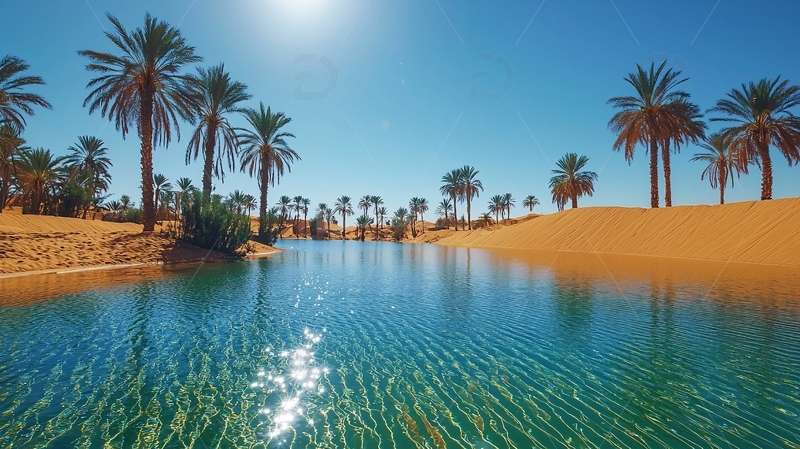 高清大图下载【趣麦麦图】沙漠绿洲棕榈水面