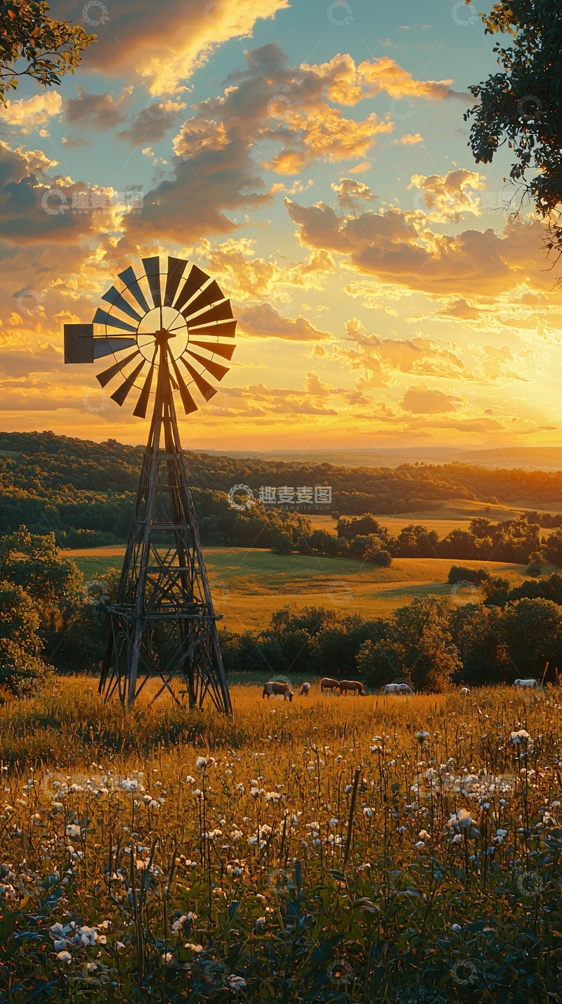 高清大图下载【趣麦麦图】夕阳下的乡村风车