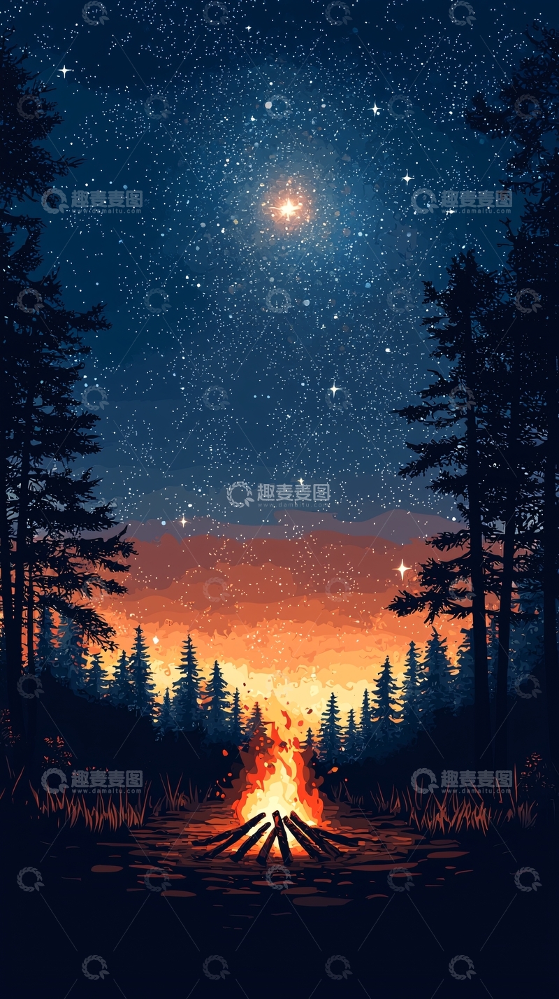 高清大图下载【趣麦麦图】星空篝火森林夜景
