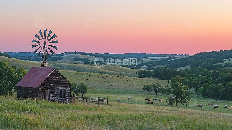 高清大图下载【趣麦麦图】乡村风车夕阳下的农场