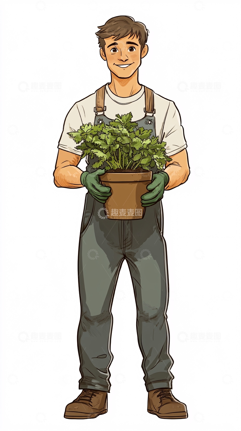 高清大图下载【趣麦麦图】拿着盆栽的年轻园丁