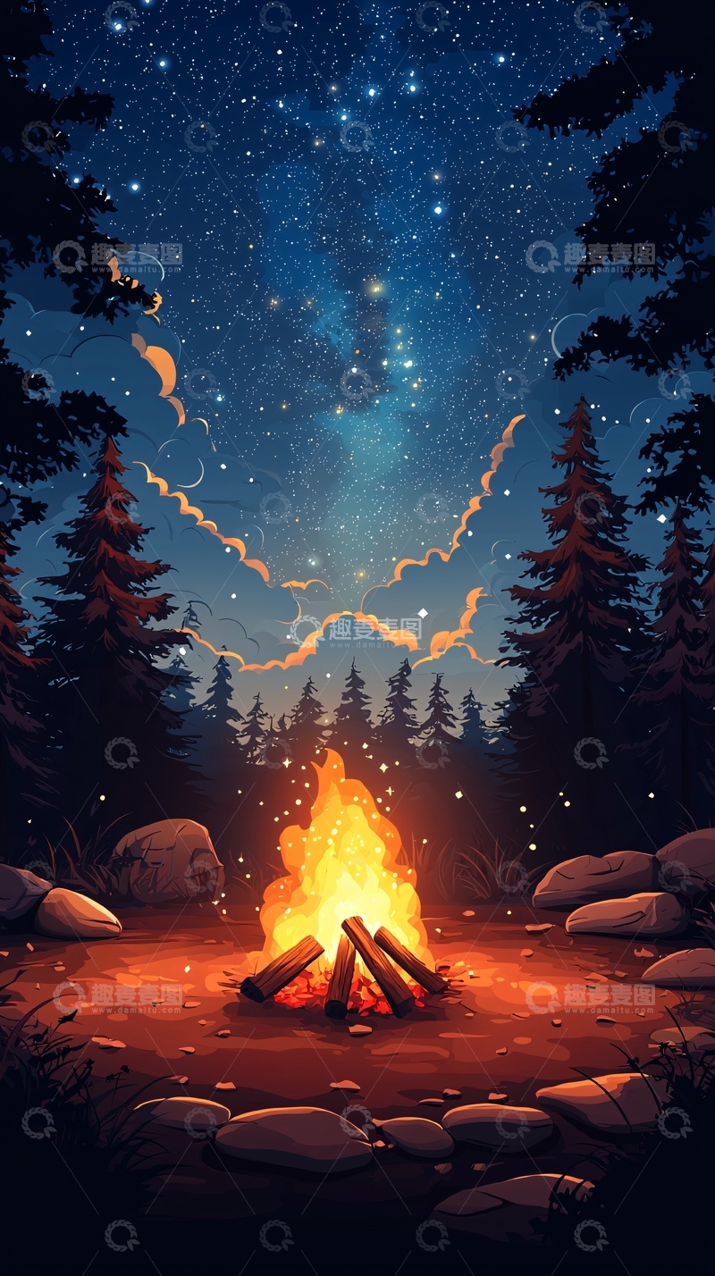 高清大图下载【趣麦麦图】篝火星空下的宁静夜晚