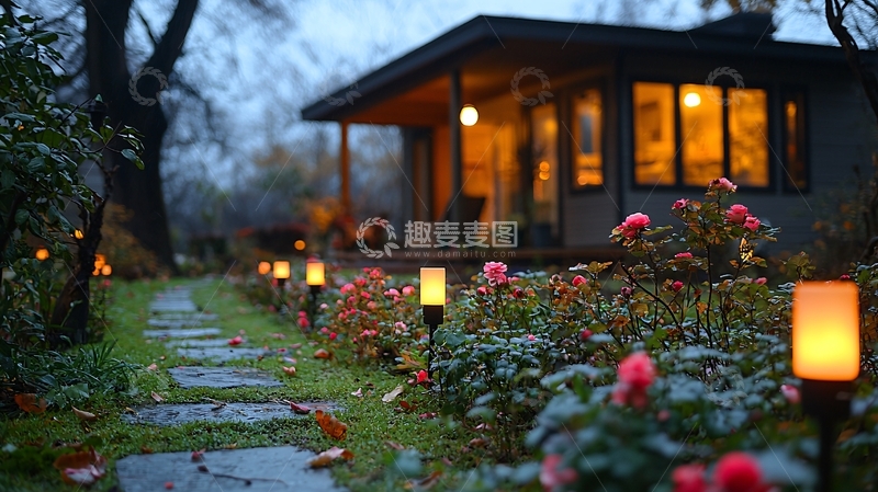 高清大图下载【趣麦麦图】夜晚花园小路灯光