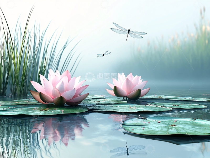 高清大图下载【趣麦麦图】粉荷花静谧意境图