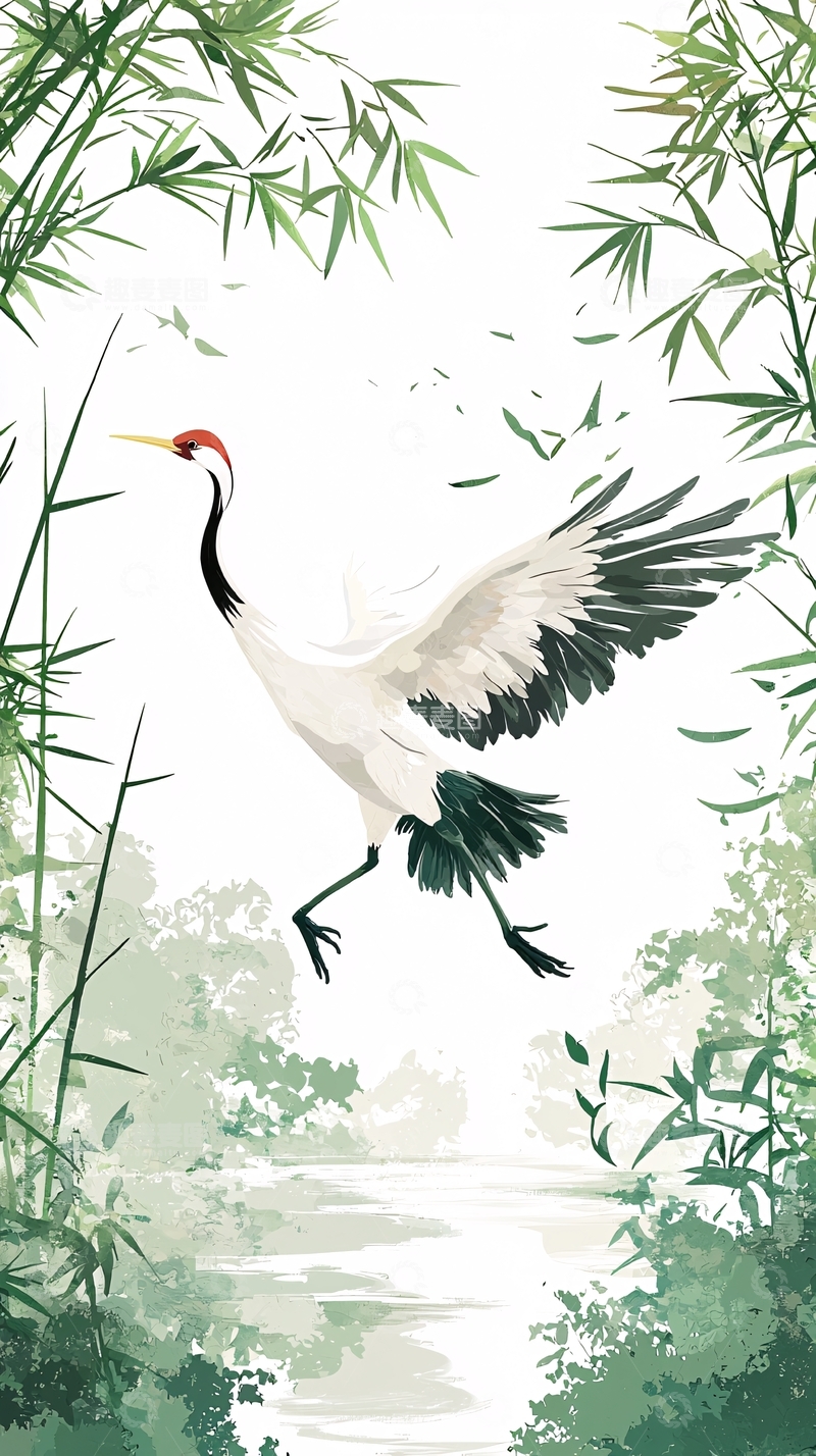 高清大图下载【趣麦麦图】仙鹤竹林水墨画