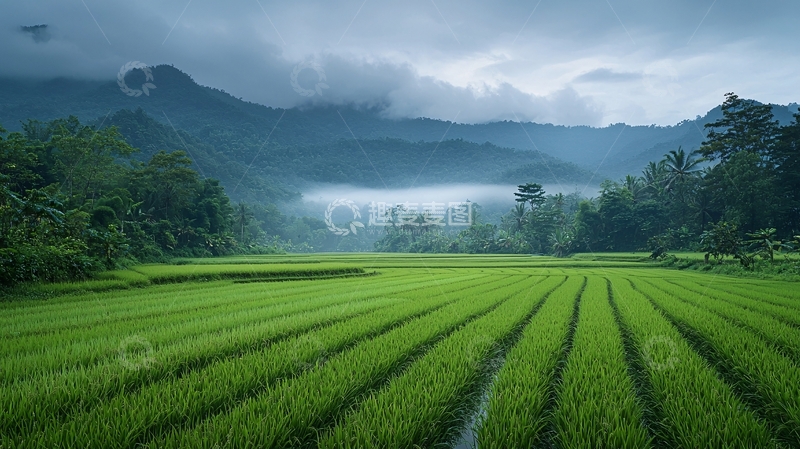 高清大图下载【趣麦麦图】绿色稻田远山云雾缭绕