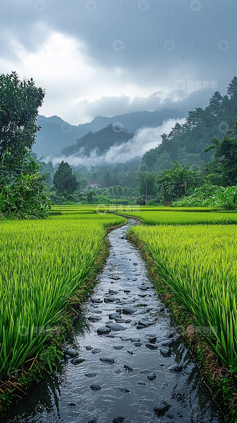 高清大图下载【趣麦麦图】田埂小溪绿油油的稻田