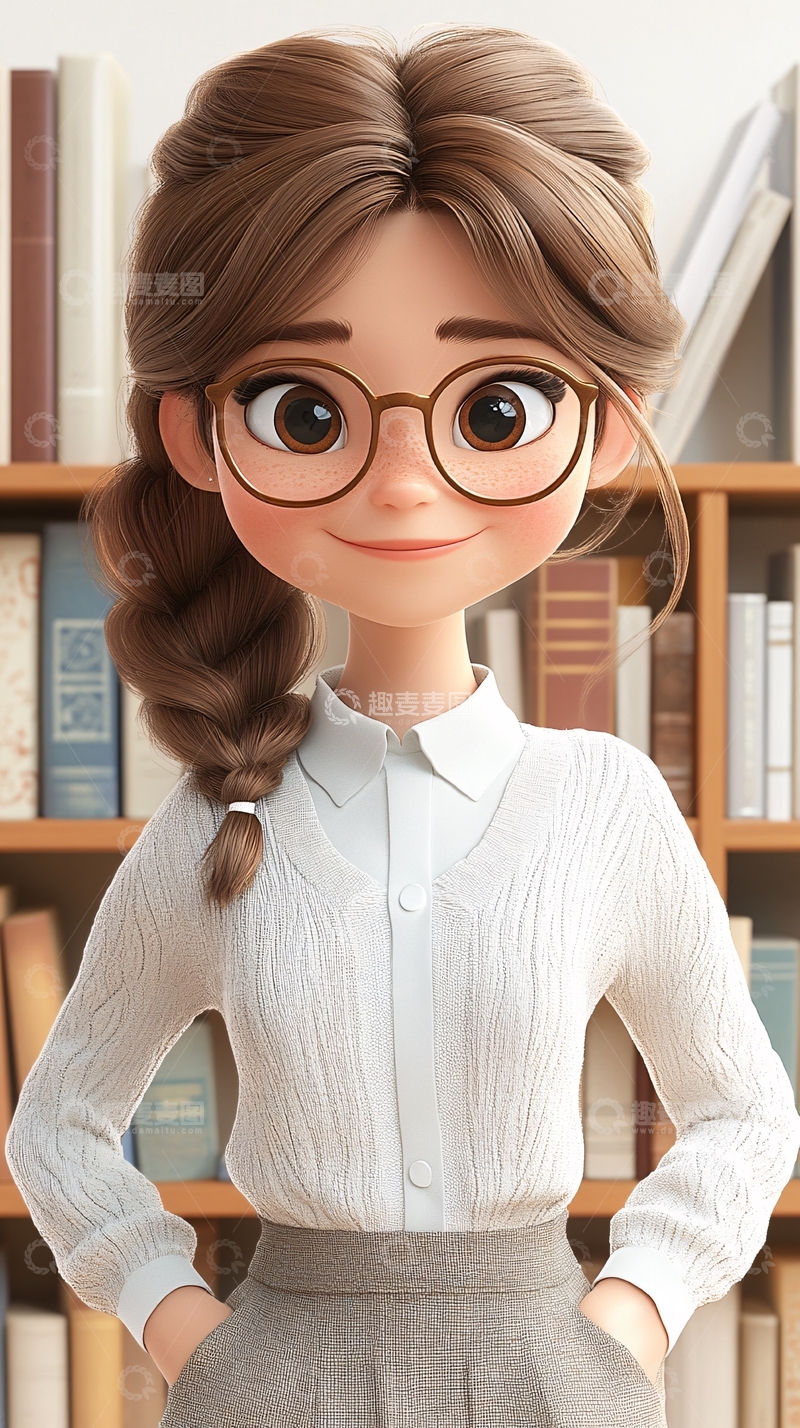 高清大图下载【趣麦麦图】戴眼镜可爱卡通女孩