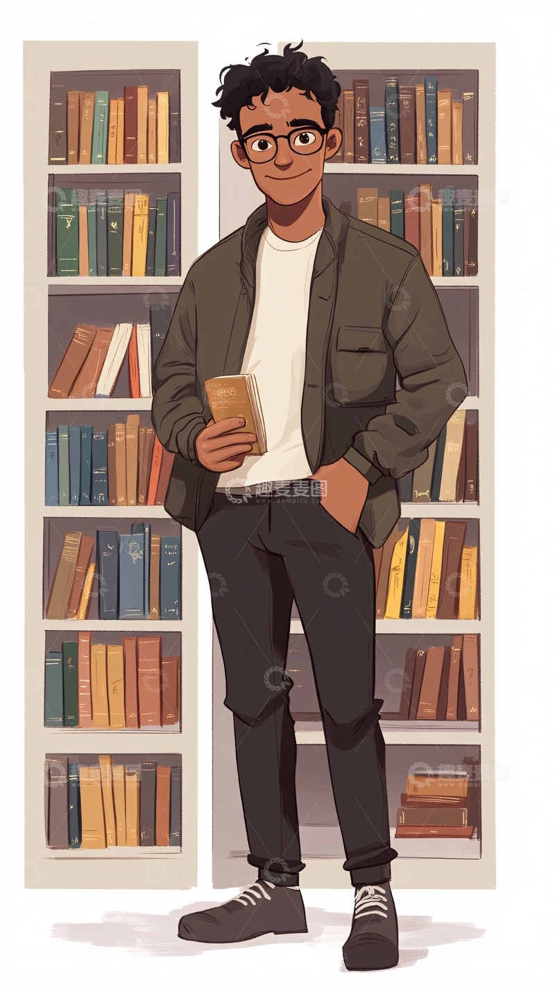 高清大图下载【趣麦麦图】戴眼镜的男生站在书架旁
