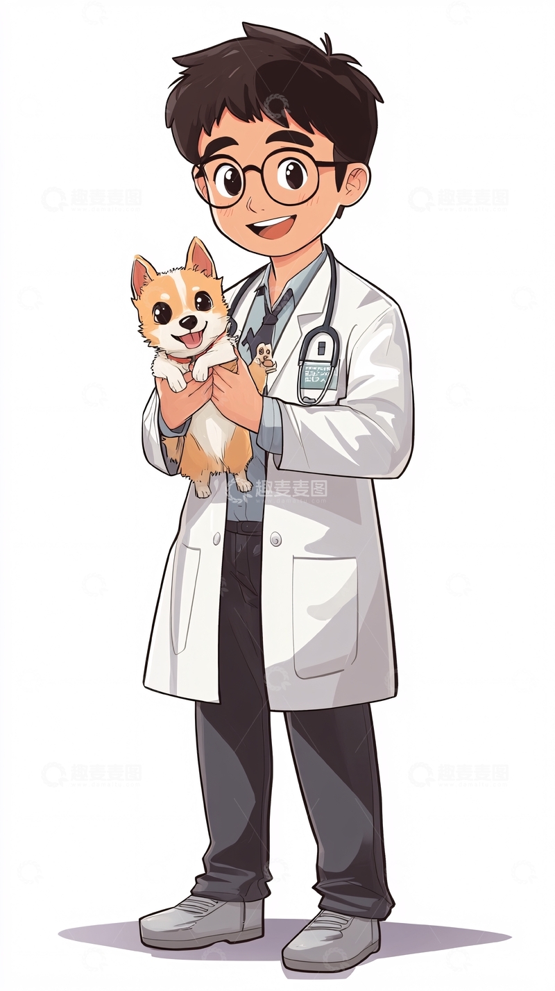 高清大图下载【趣麦麦图】小男孩兽医抱着柯基犬