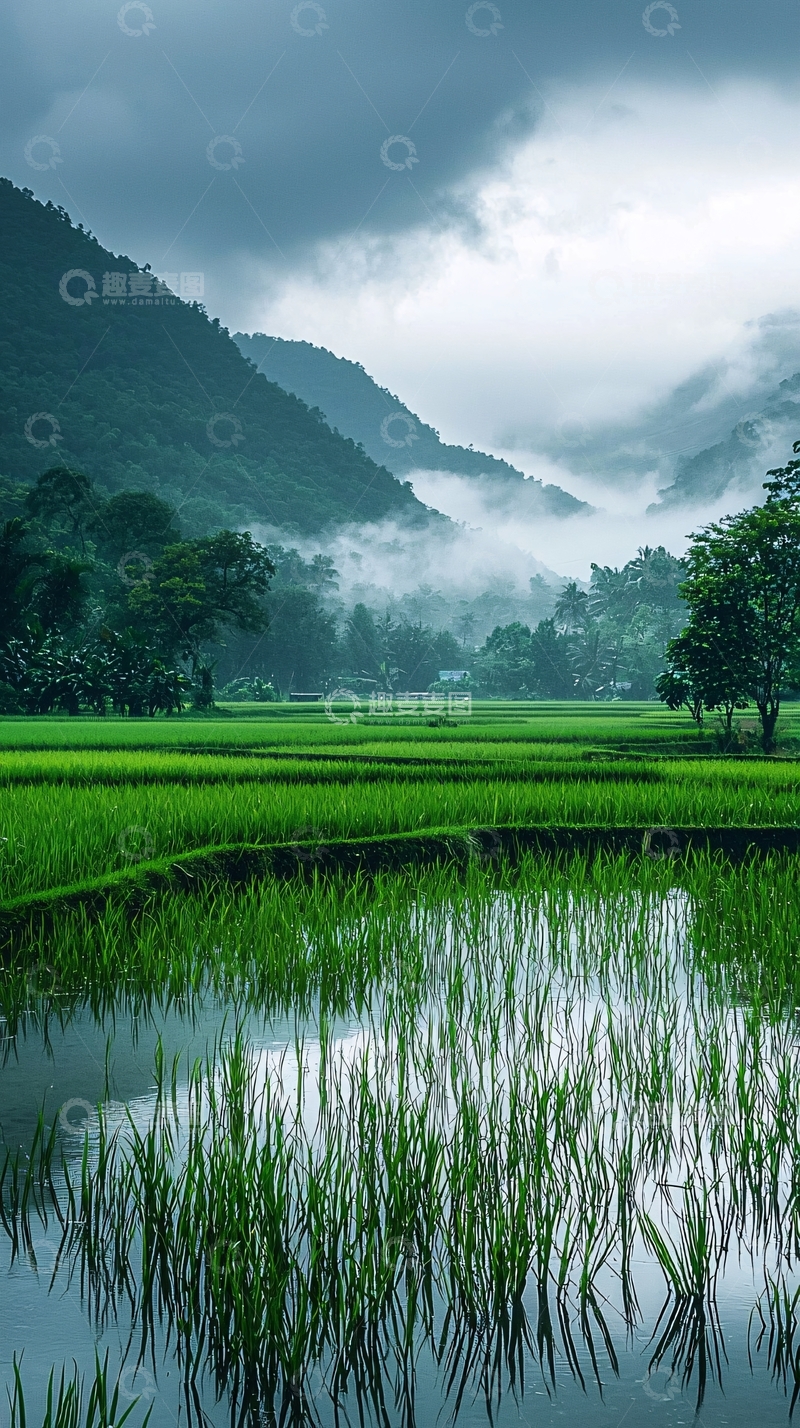 高清大图下载【趣麦麦图】山峦叠嶂稻田云雾