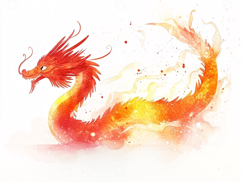 高清大图下载【趣麦麦图】水彩画红色龙