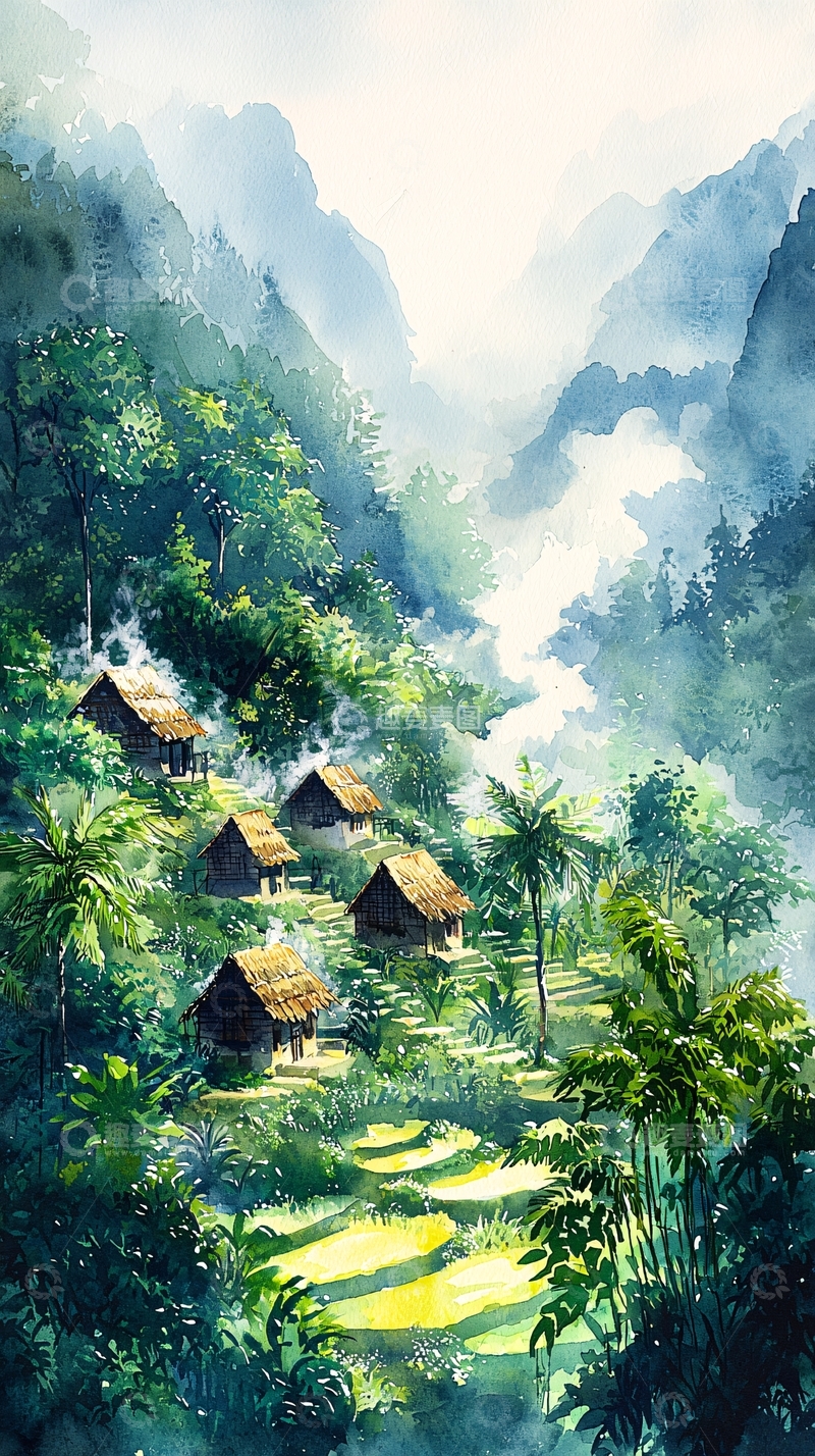 高清大图下载【趣麦麦图】热带山坡上的村庄水彩画