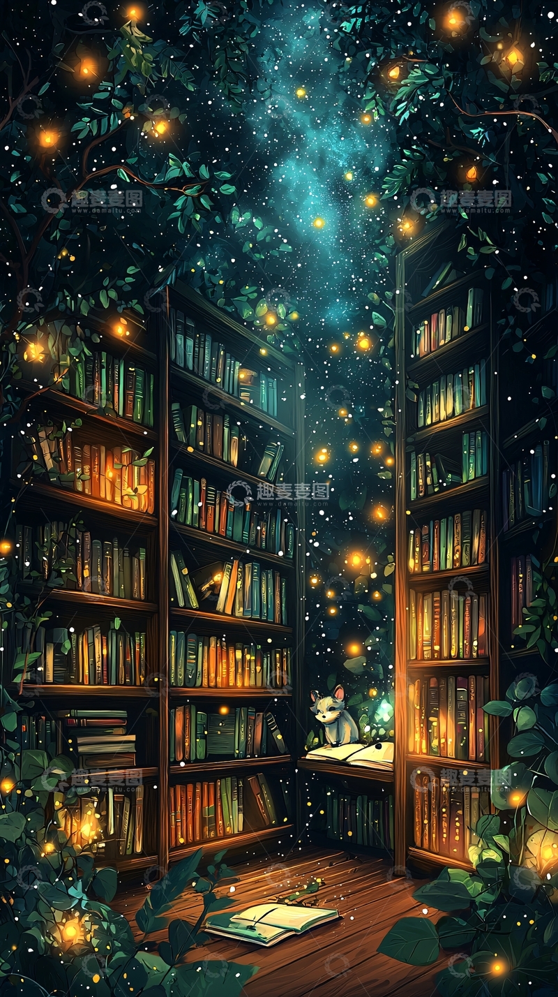 高清大图下载【趣麦麦图】奇幻星空下的书架空间