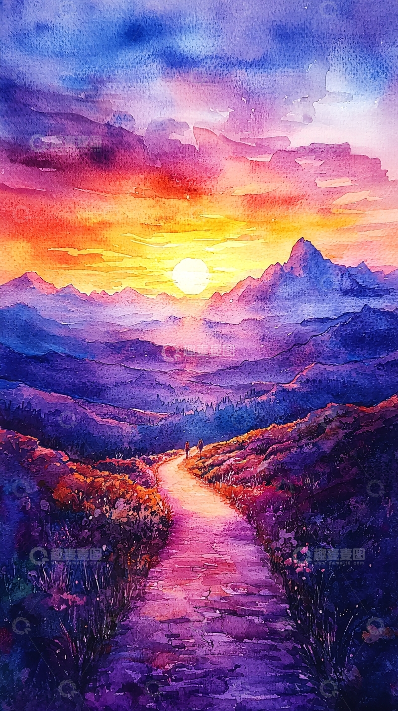 高清大图下载【趣麦麦图】水彩日落山景