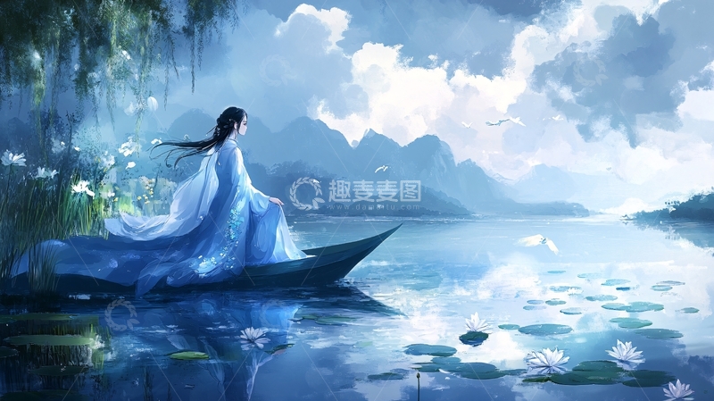 高清大图下载【趣麦麦图】蓝衣女子泛舟湖上