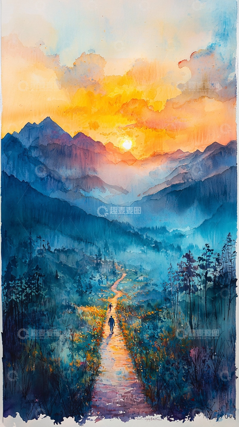 高清大图下载【趣麦麦图】水彩画日落