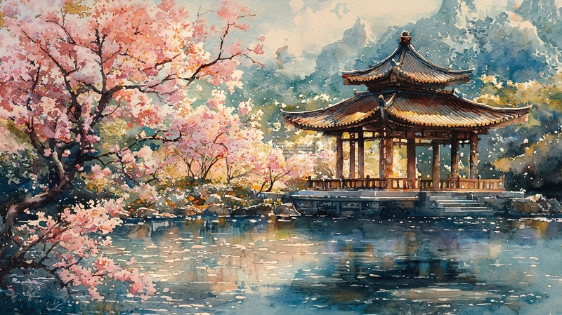 高清大图下载【趣麦麦图】湖边中式亭台