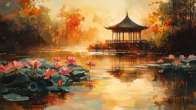 高清大图下载【趣麦麦图】宁静湖畔的亭台楼阁