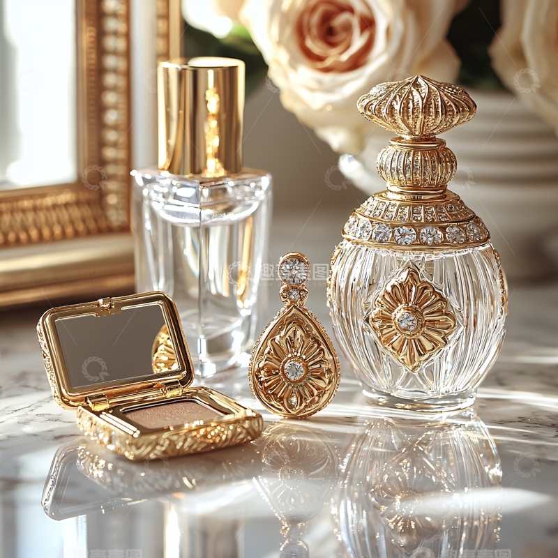 高清大图下载【趣麦麦图】精致的金色化妆品和香水