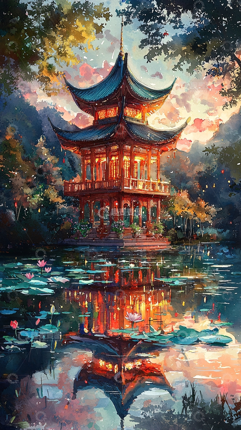 高清大图下载【趣麦麦图】中国风亭台楼阁水彩画