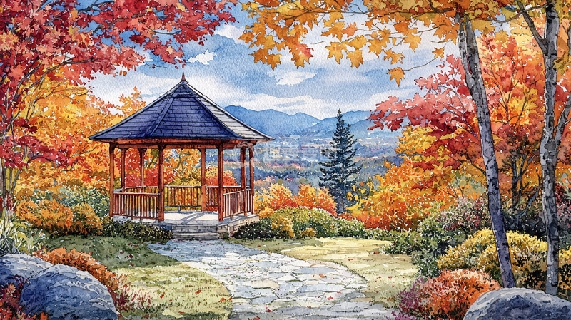 高清大图下载【趣麦麦图】秋日凉亭风景画