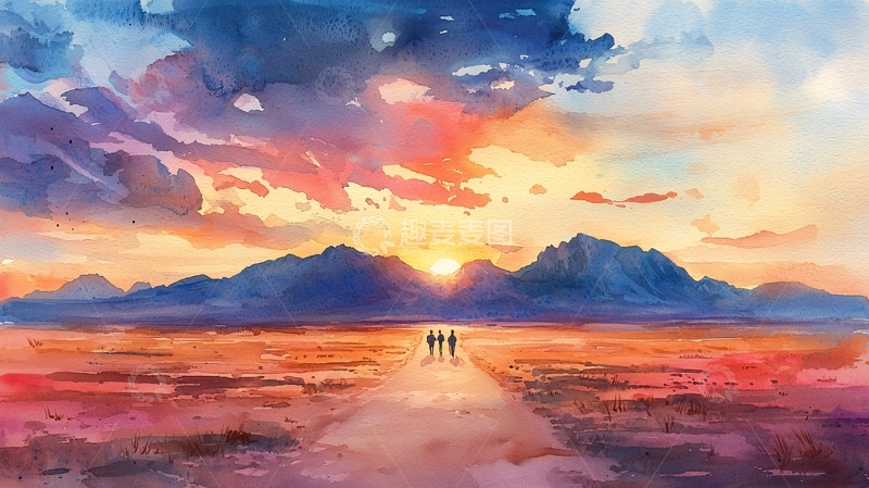 高清大图下载【趣麦麦图】水彩夕阳剪影