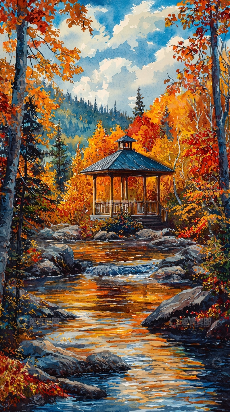高清大图下载【趣麦麦图】秋日山林小亭溪流