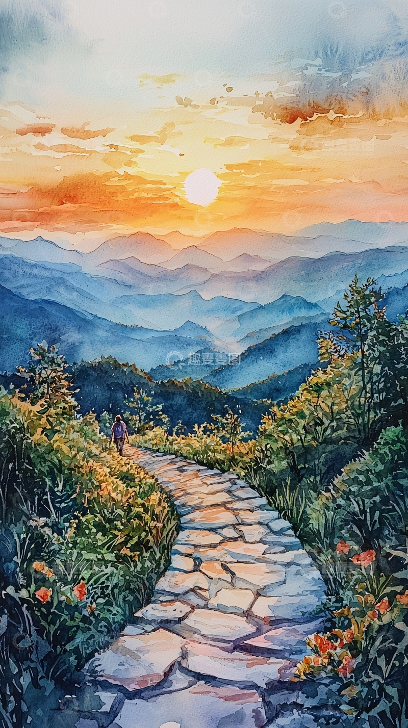 高清大图下载【趣麦麦图】水彩画日落山景