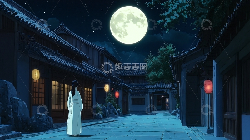 高清大图下载【趣麦麦图】明月当空古镇女子