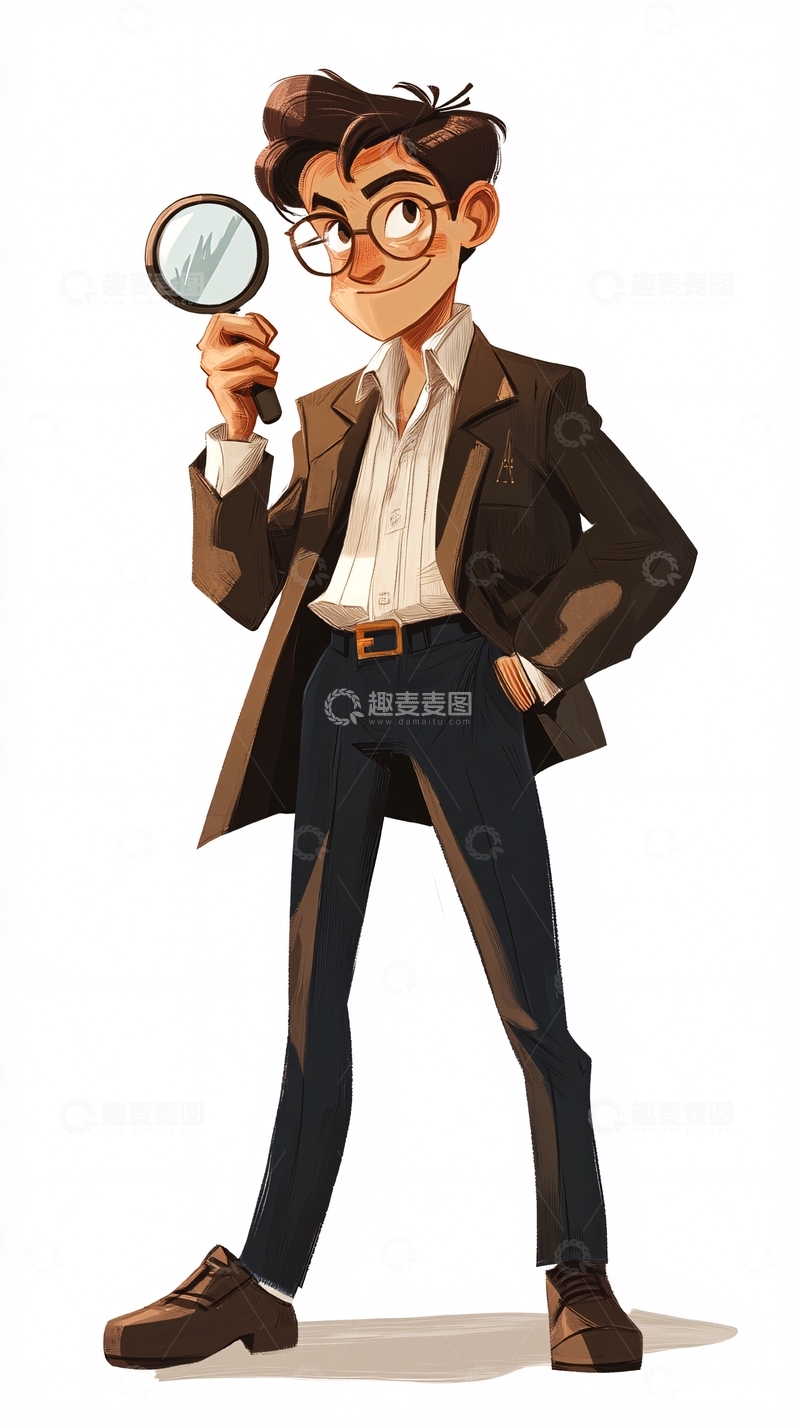 高清大图下载【趣麦麦图】戴眼镜的卡通男孩拿着放大镜