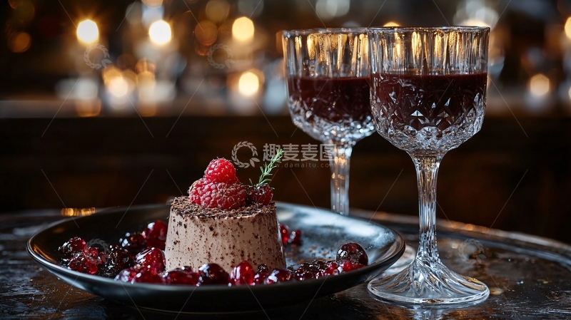 高清大图下载【趣麦麦图】精致的巧克力甜点和红酒
