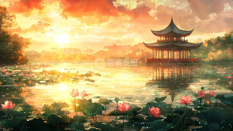 高清大图下载【趣麦麦图】湖边亭台楼阁夕阳西下