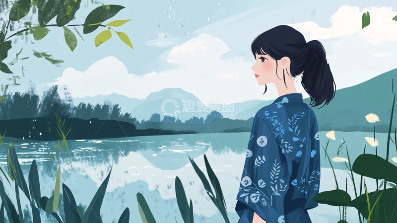 高清大图下载【趣麦麦图】清新文艺女孩湖边风景