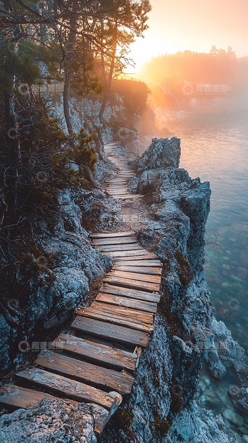 高清大图下载【趣麦麦图】清晨雾气缭绕木栈道