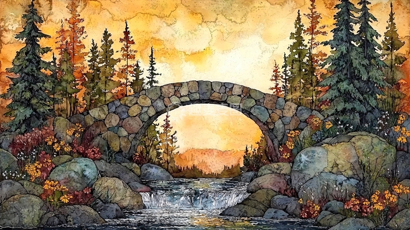 高清大图下载【趣麦麦图】秋日石桥溪流风景画