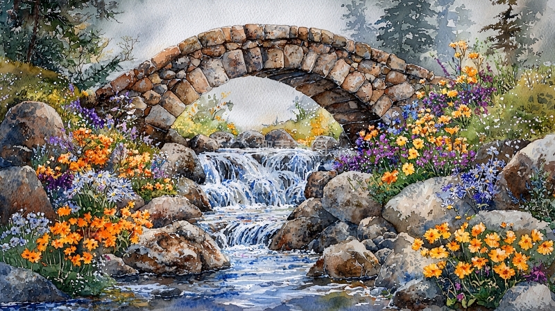 高清大图下载【趣麦麦图】石头拱桥下的小瀑布