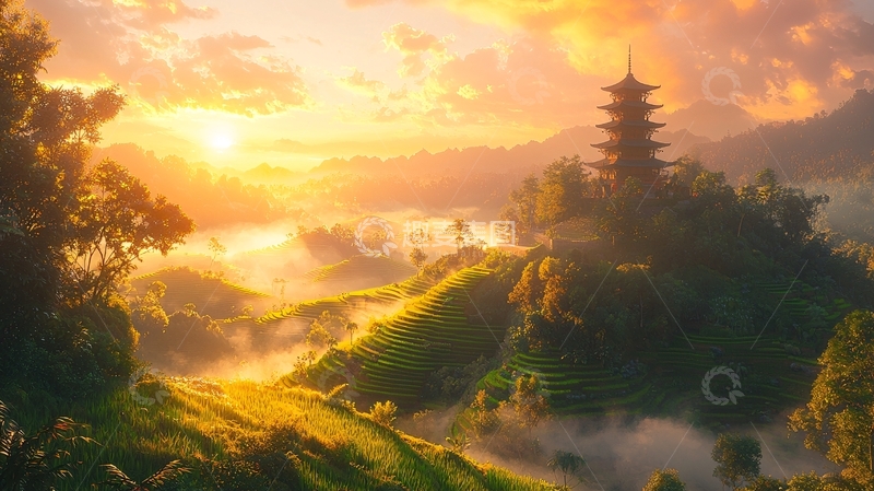 高清大图下载【趣麦麦图】日出山峦佛塔景色