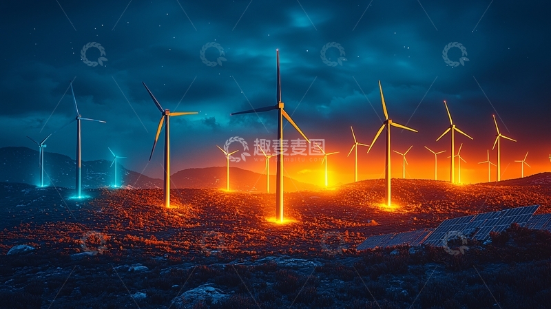 高清大图下载【趣麦麦图】夜幕下的风力发电场