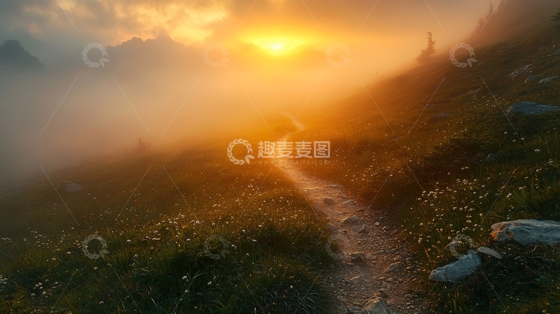 高清大图下载【趣麦麦图】阳光穿透云雾的山间小路
