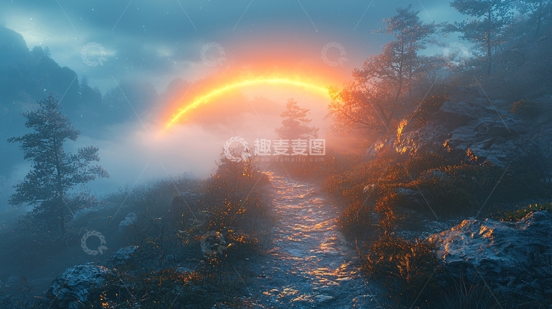 高清大图下载【趣麦麦图】雾气森林彩虹