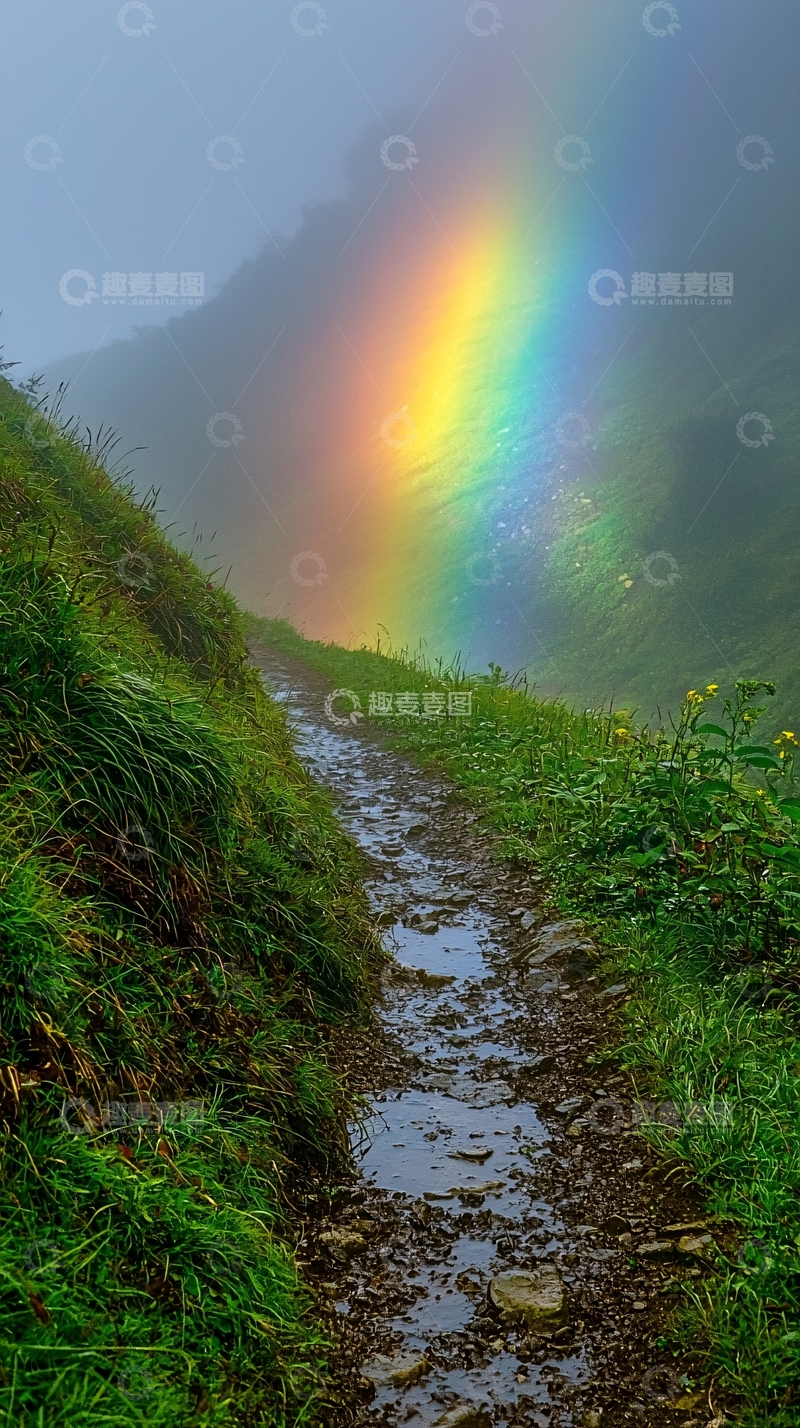 高清大图下载【趣麦麦图】山间小路彩虹雨后