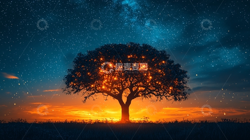 高清大图下载【趣麦麦图】星空下的发光树