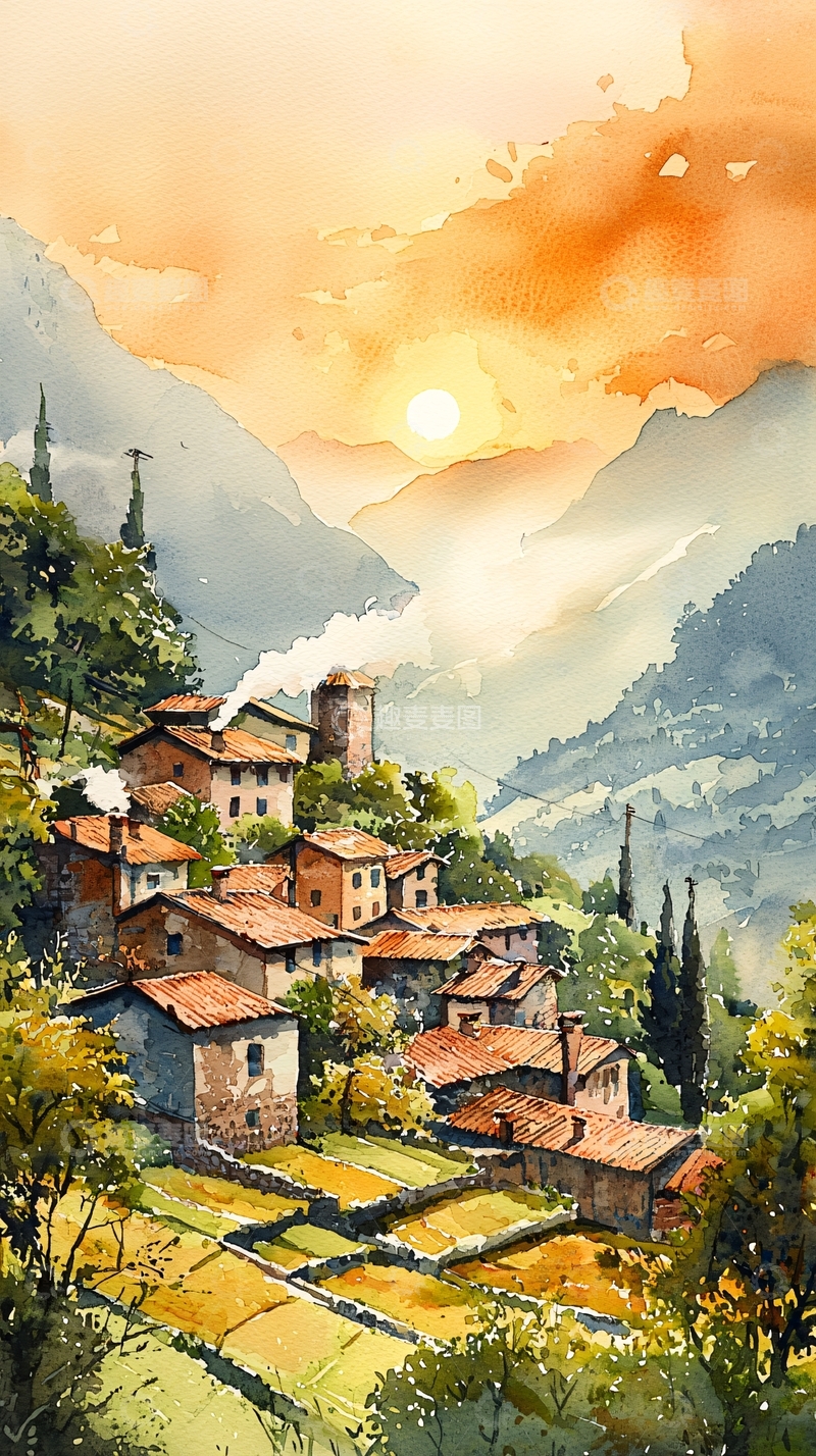 高清大图下载【趣麦麦图】山间小镇日落水彩画