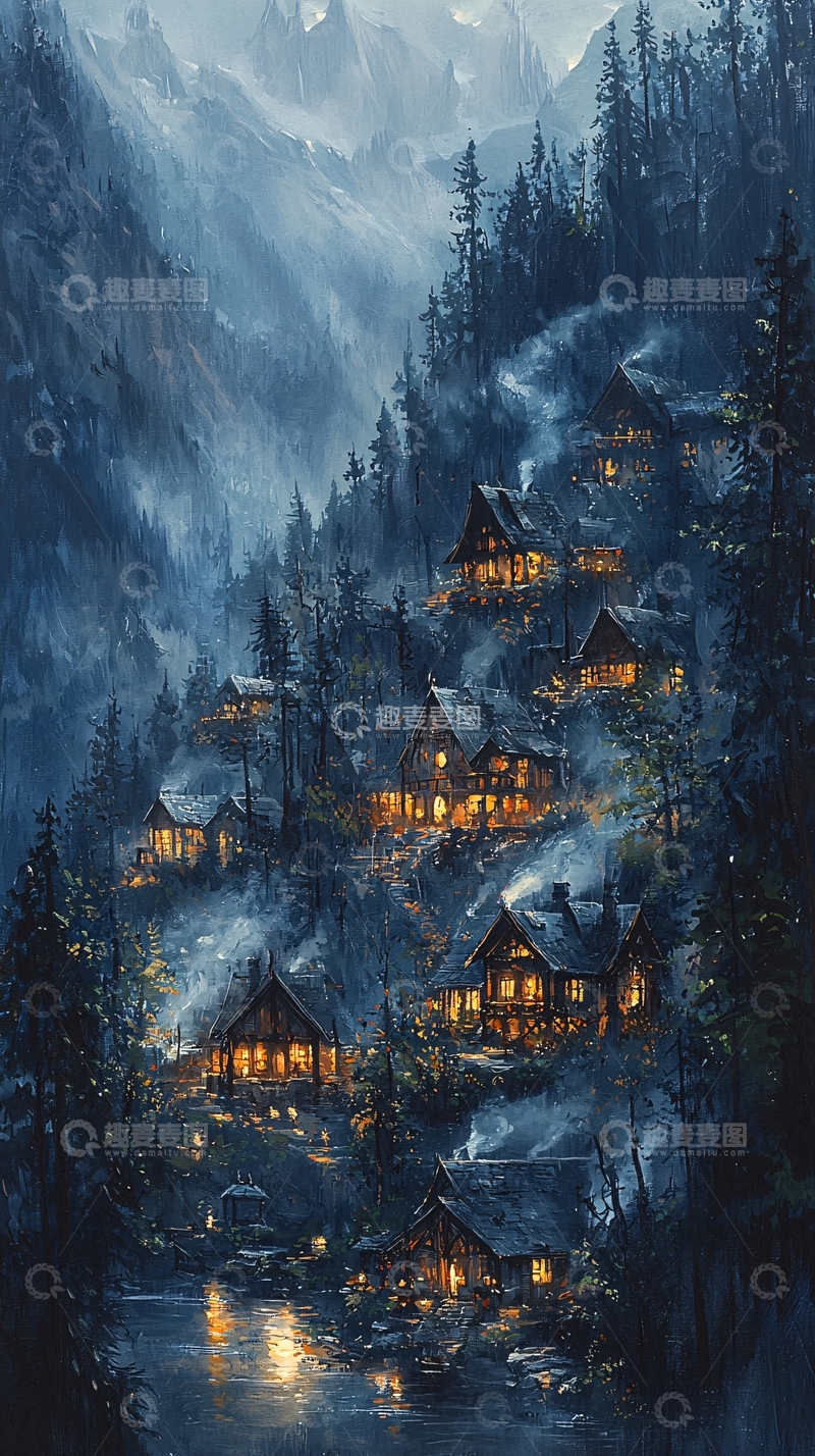 高清大图下载【趣麦麦图】山间小屋夜景