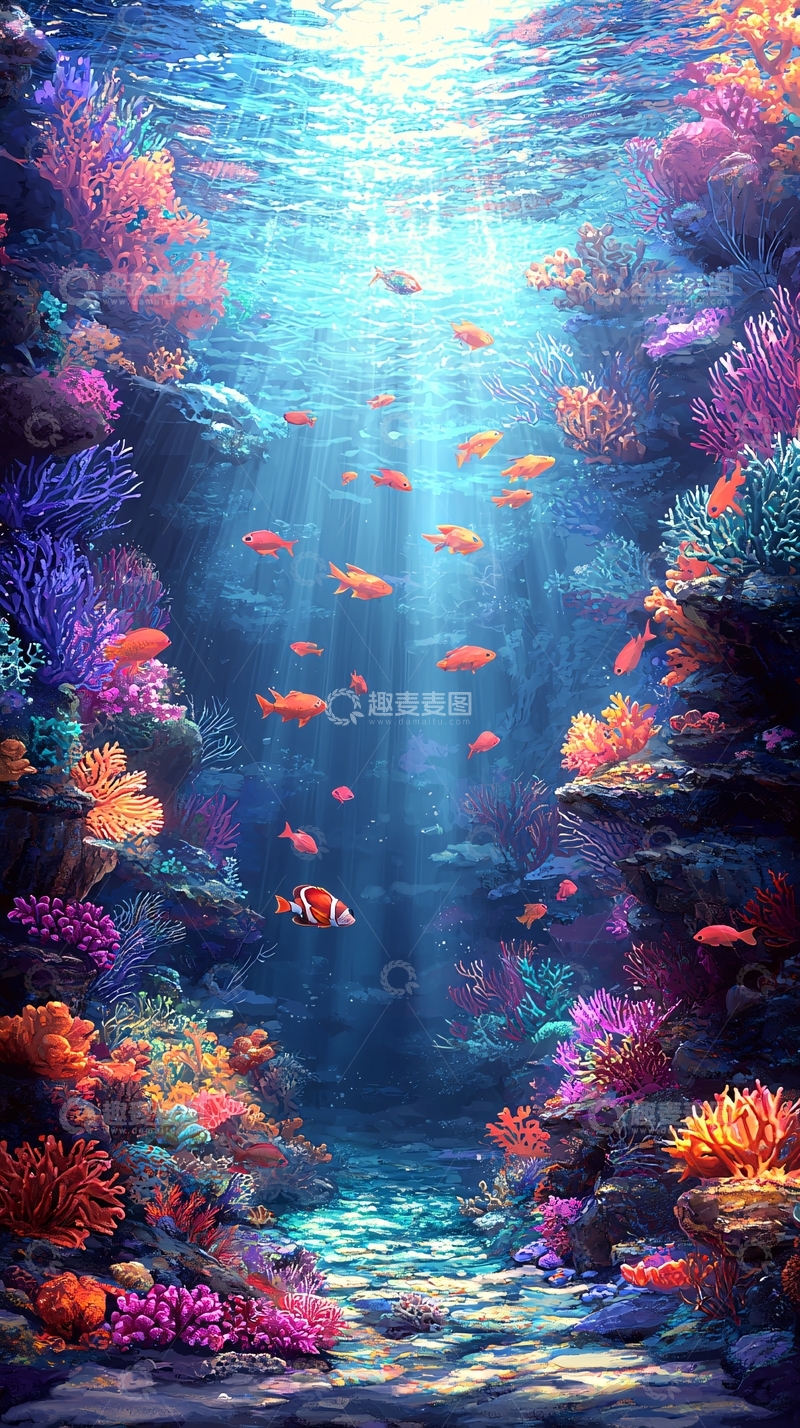 高清大图下载【趣麦麦图】海底珊瑚礁鱼群阳光