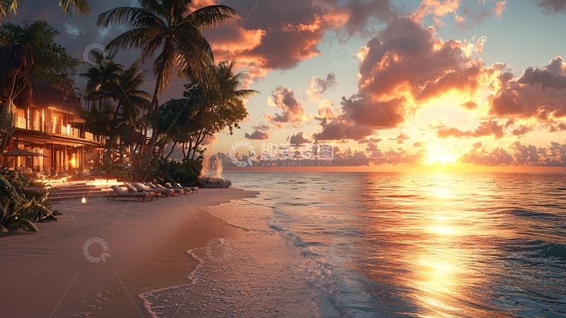 高清大图下载【趣麦麦图】热带海滩别墅日落