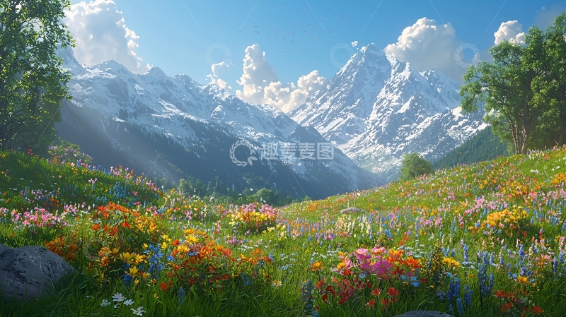 高清大图下载【趣麦麦图】雪山花海
