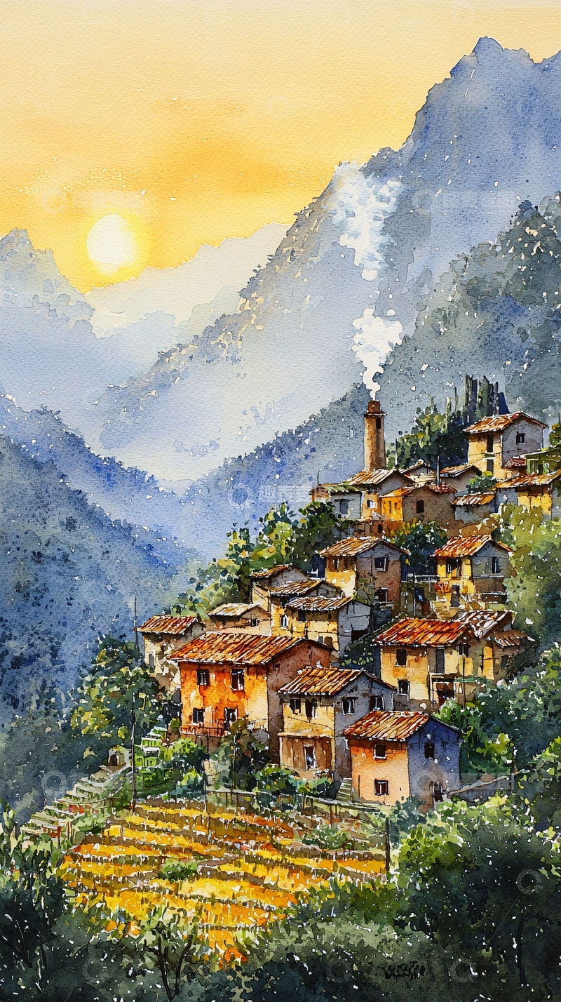 高清大图下载【趣麦麦图】山间村落水彩风景画
